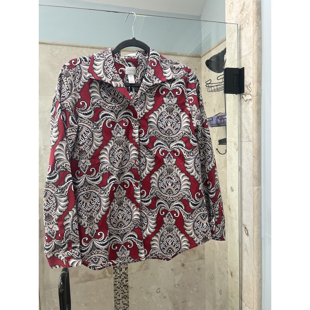 Chico's Women's 0 (S/4) No-Iron Wrinkle Resistant Shirts Blouse Paisley Red Tan